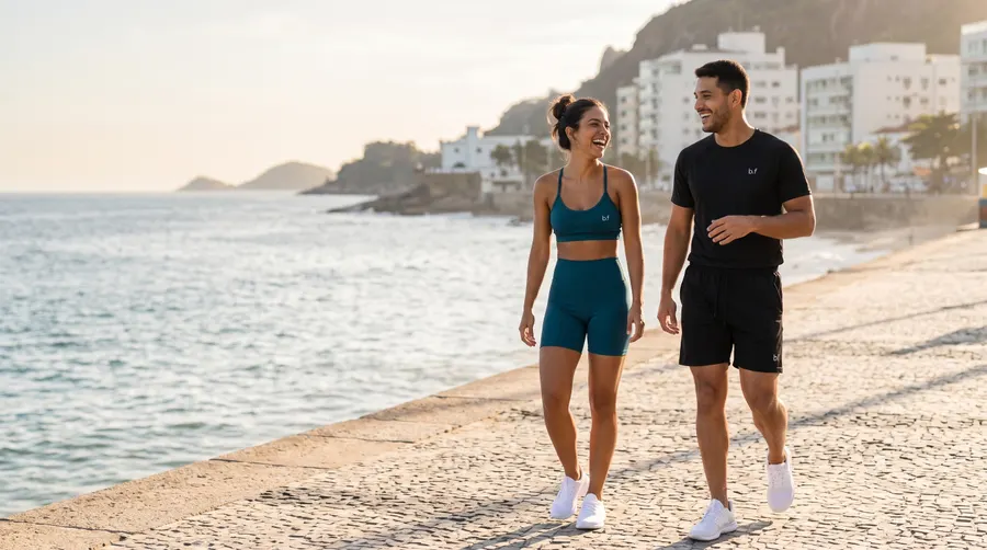 Casal caminhando à beira-mar com os conjuntos Maré azul petróleo e Impulso preto