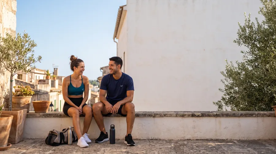 Amigos descansando em um terraço ensolarado com top Maré e camiseta Impulso